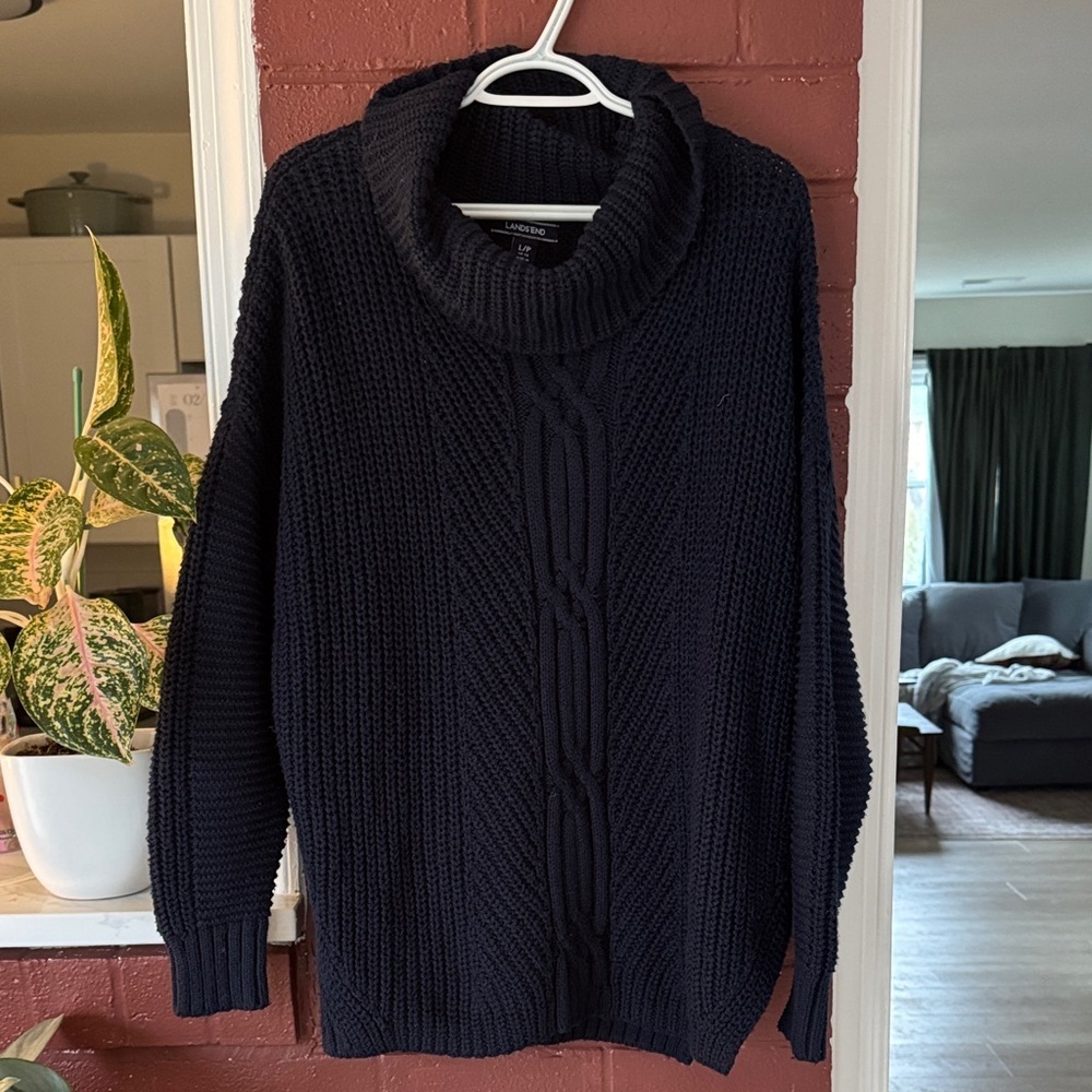 Lands' End Navy Blue Cable Knit Cowl Neck Sweater with Split Hem Large Petite